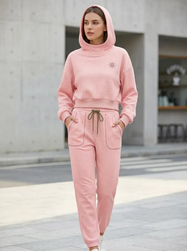 Women's Minimalist Sun Symbol Printed Waffle Knit Hoodie Jogger Set