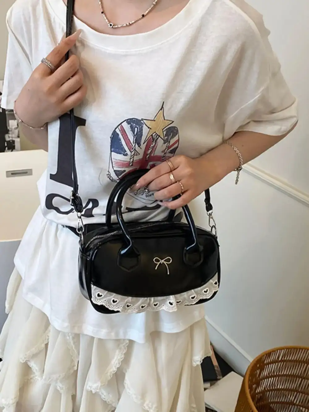 Lace Bow Accent Crossbody Bag
