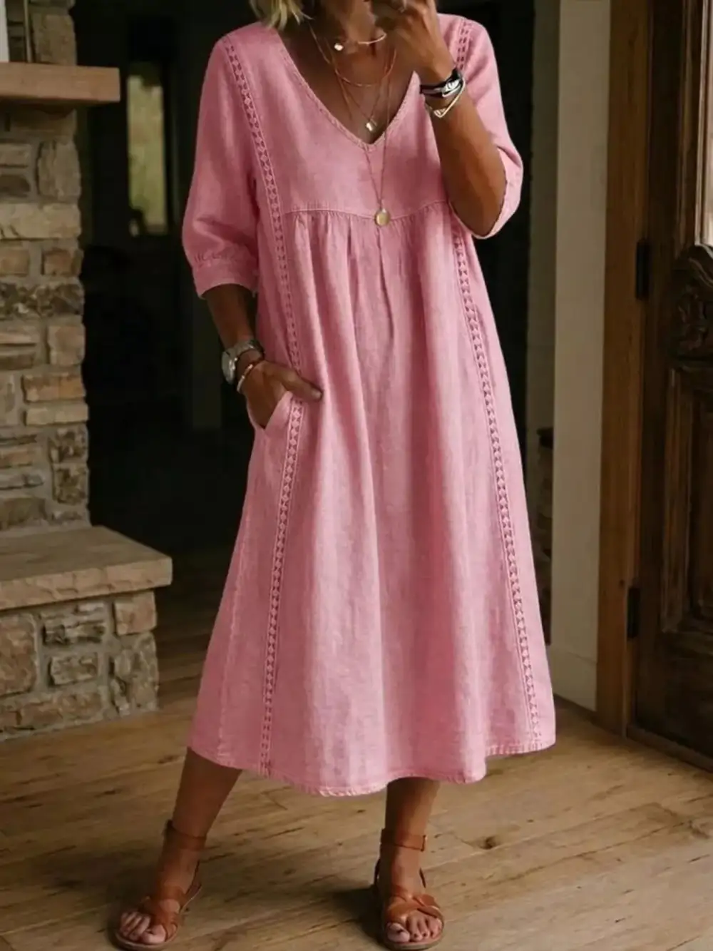 V-Neck Three Quarter Sleeve Pocketed Midi Dress