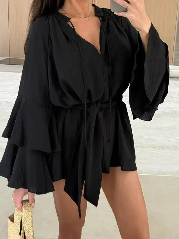 Flared Sleeve Relaxed Lace Up Pleated Solid Color Split Joint Tiered