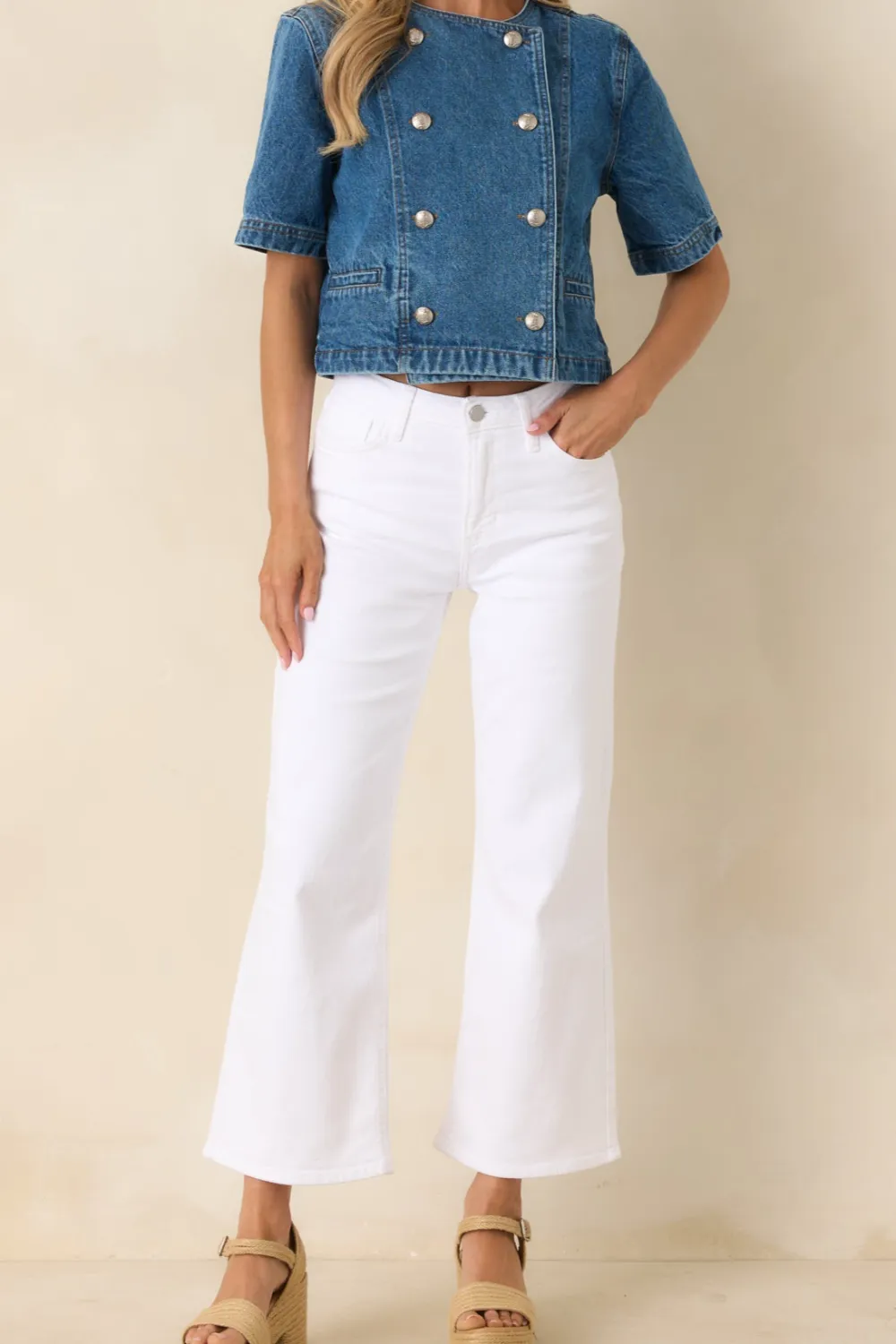 Cotton Denim Cropped Wide Leg Jeans