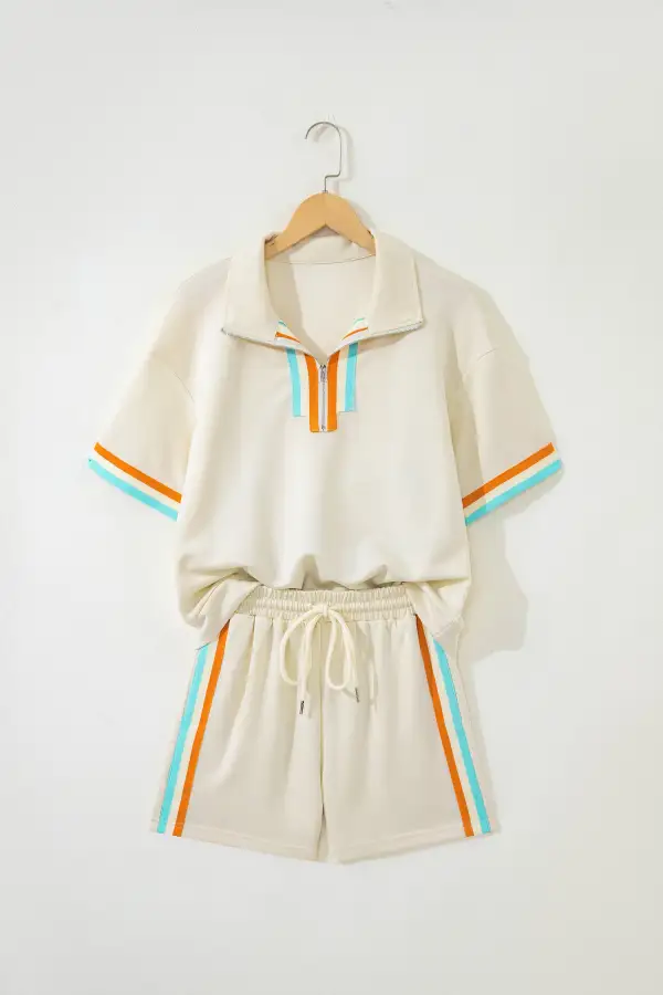 Half-Zip Striped Polo Shirt and Shorts Set