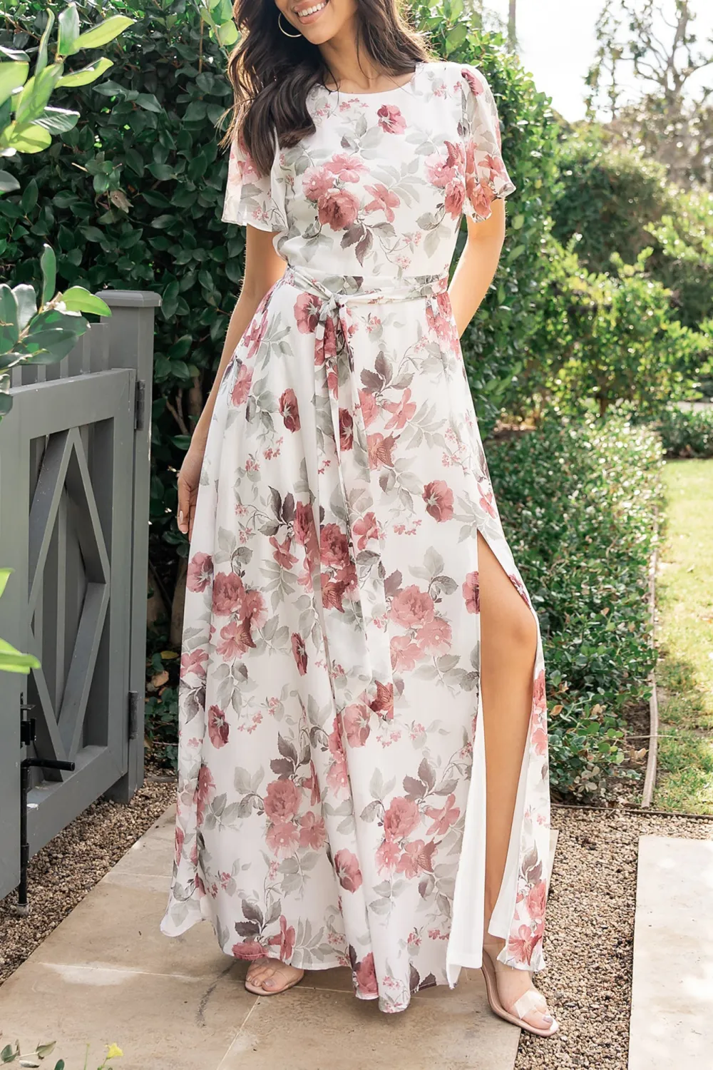 High-Waisted Versatile Slimming Round-Neck Floral Pattern Dress