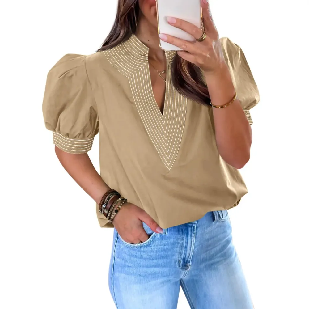 Womens Puff Short Sleeve Blouses Summer Casual Dressy Contrast Stitch