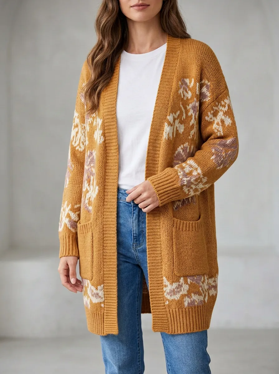 Women's Boho Floral Pattern Knit Long Cardigan