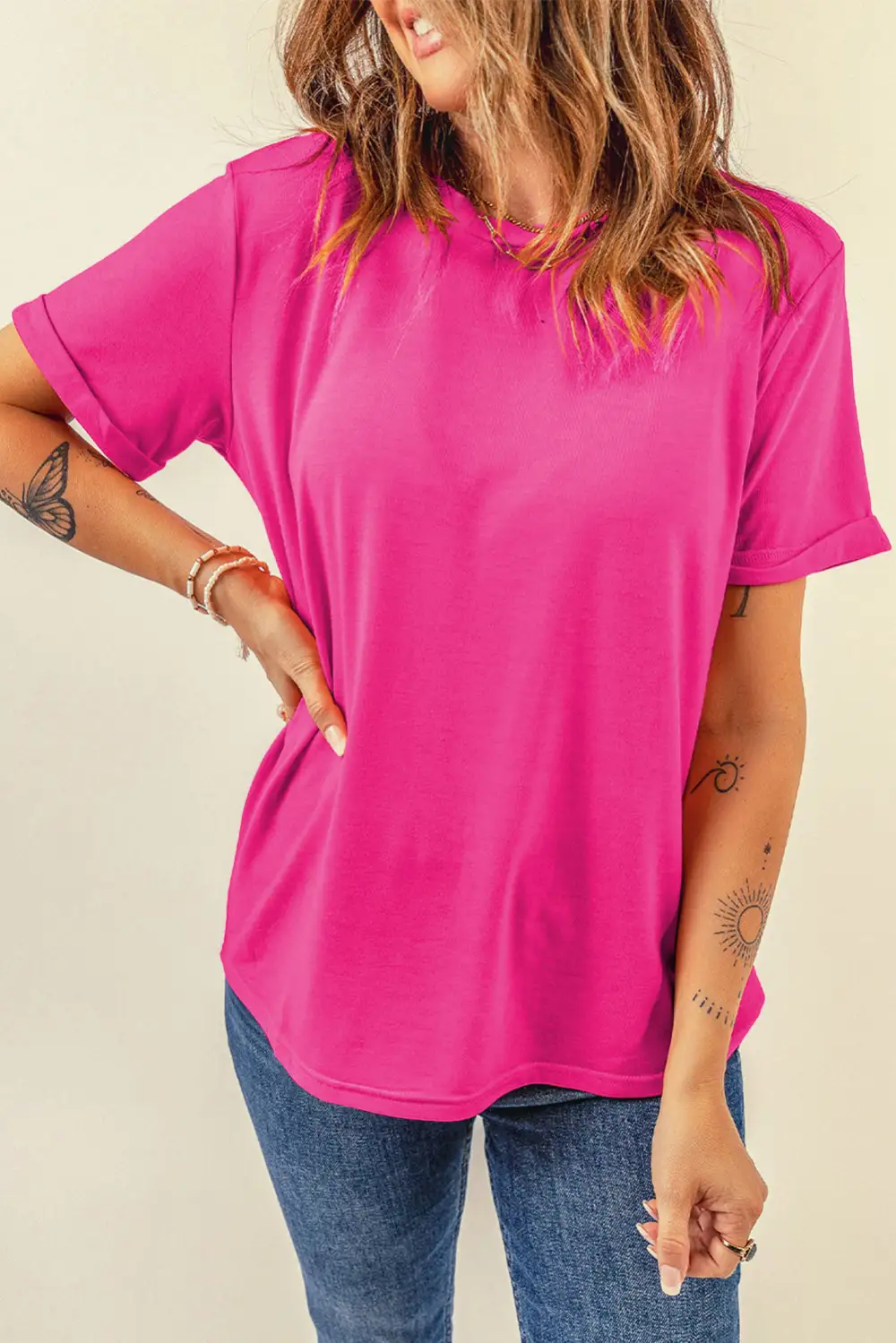 Rose Red Casual Plain Crew