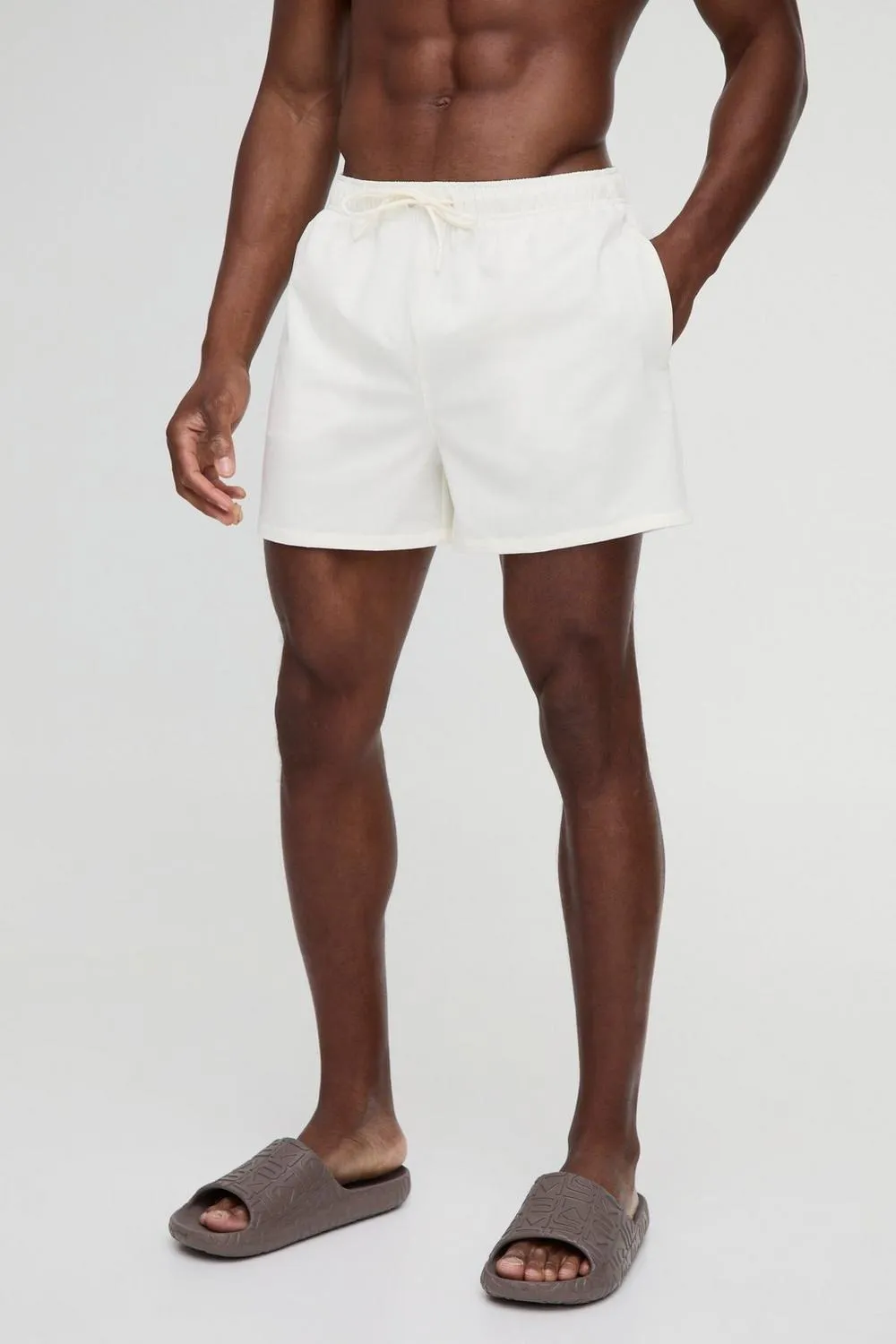 2 Pack Short Length Swim Trunks in Black and Ecru Casual Style