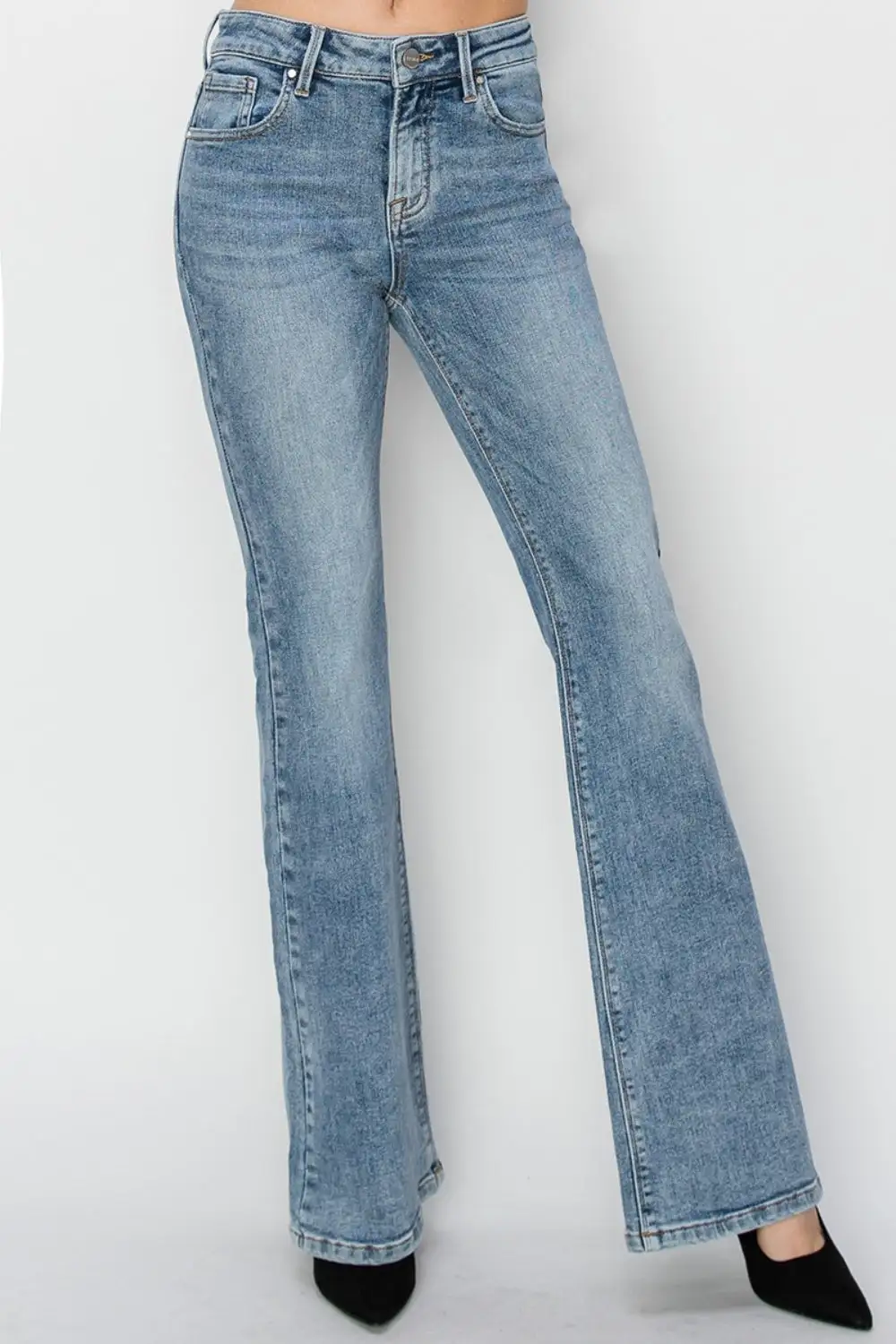 Pocketed Mid Rise Flare Leg Denim Jeans