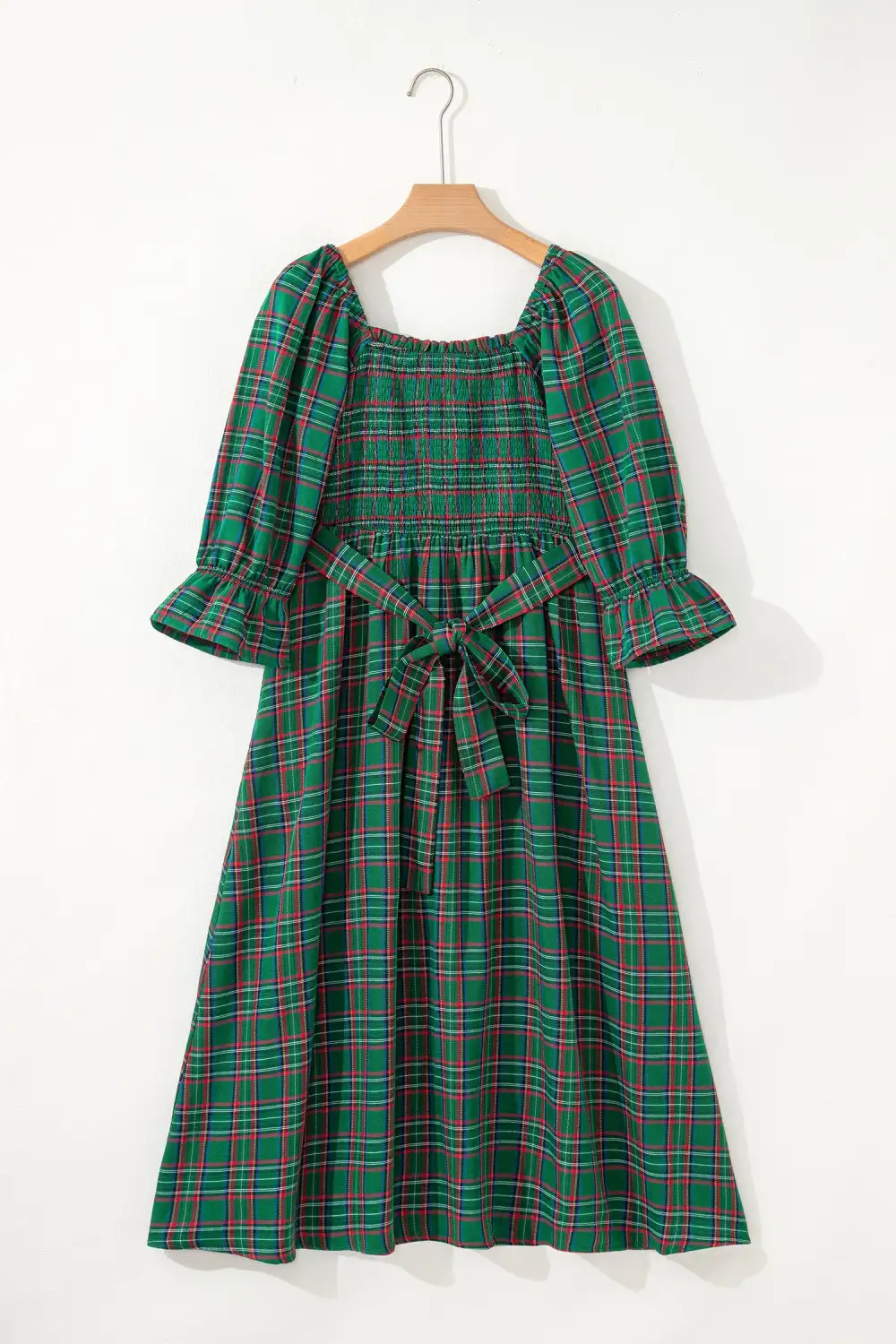 Finish Plaid Square Neck Puff Sleeve Midi Dress