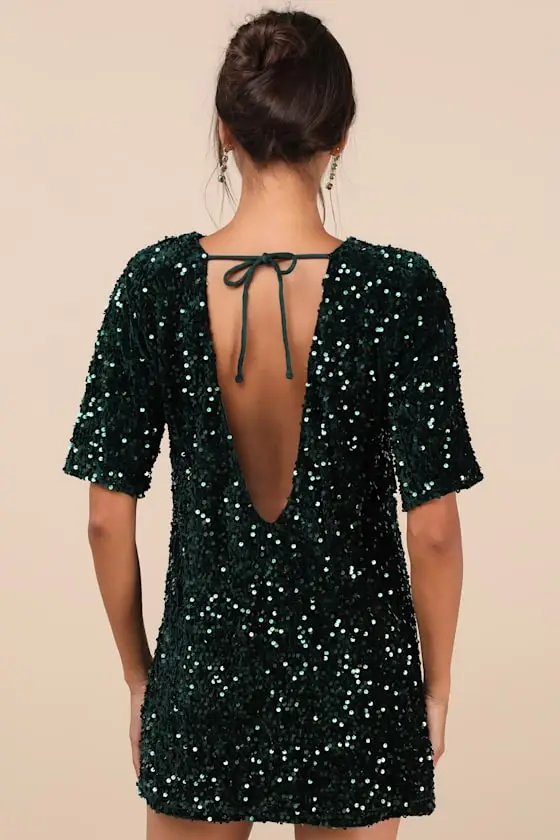 Marca Emerald Green Sequin Tie-Back Short Sleeve Shift Dress
