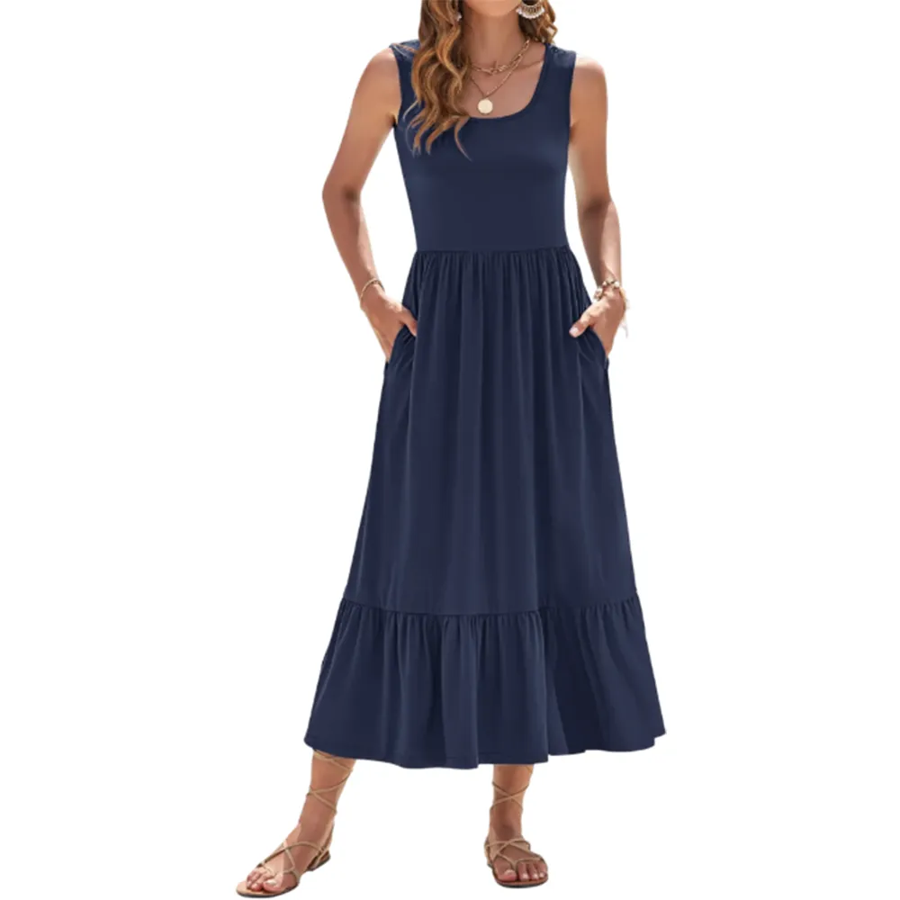 Women's Square Neck Sleeveless Floral Tiered Maxi Dress With Pockets