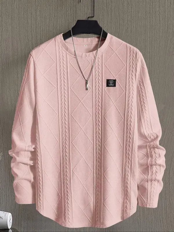 🔥Last Day 48% Off-Men's Regular Fit Patched Detail Textured Knit Tops, Casual Long Sleeve Round Neck T-shirt for All Seasons, Fashion Men's Knit Top for Daily Wear