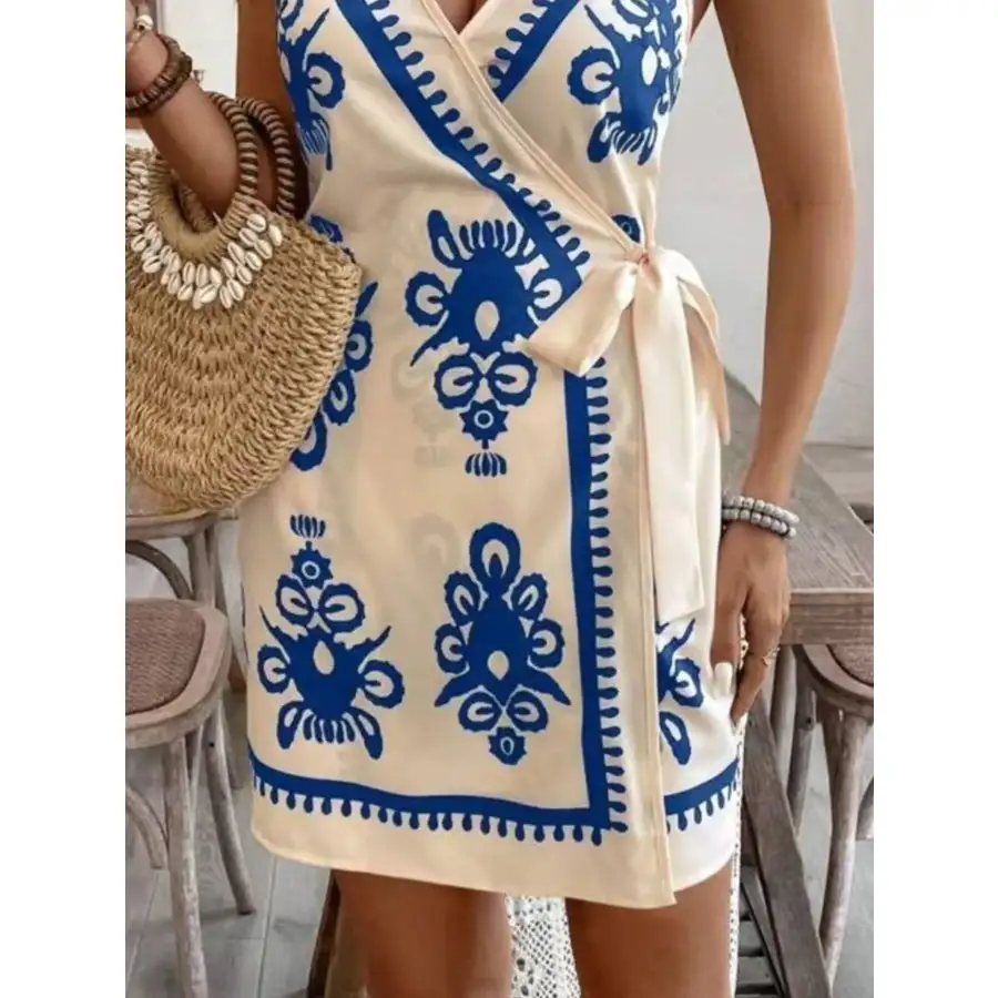 Print Spaghetti Strap Wrap Mini Dress