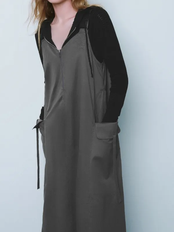 Minimalist Zip-Front Midi Overall Dress