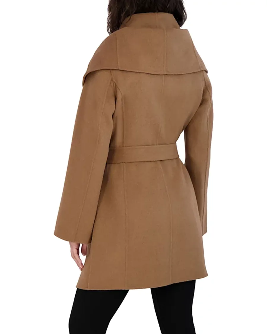 Wing Neckline Long Sleeves Belted Coat