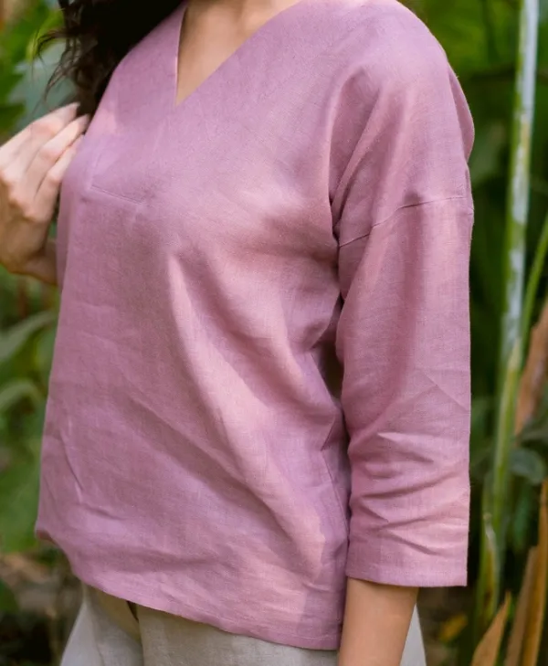Dusty Pink Linen V-Neck Top
