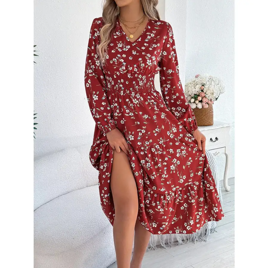 Floral Print Long Sleeve V Neck Midi Dress