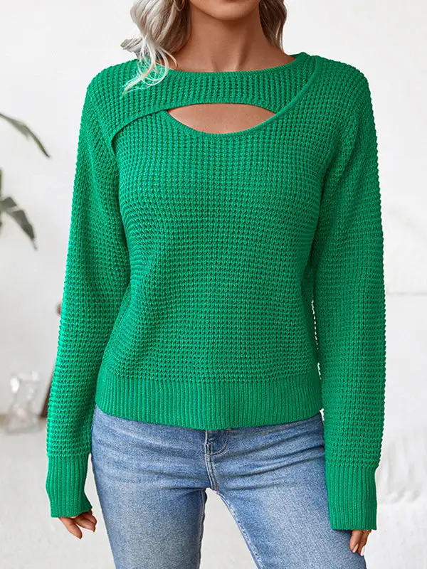 Openwork Paneled Round Neck Long Sleeve Relaxed Fit Pullover Sweater