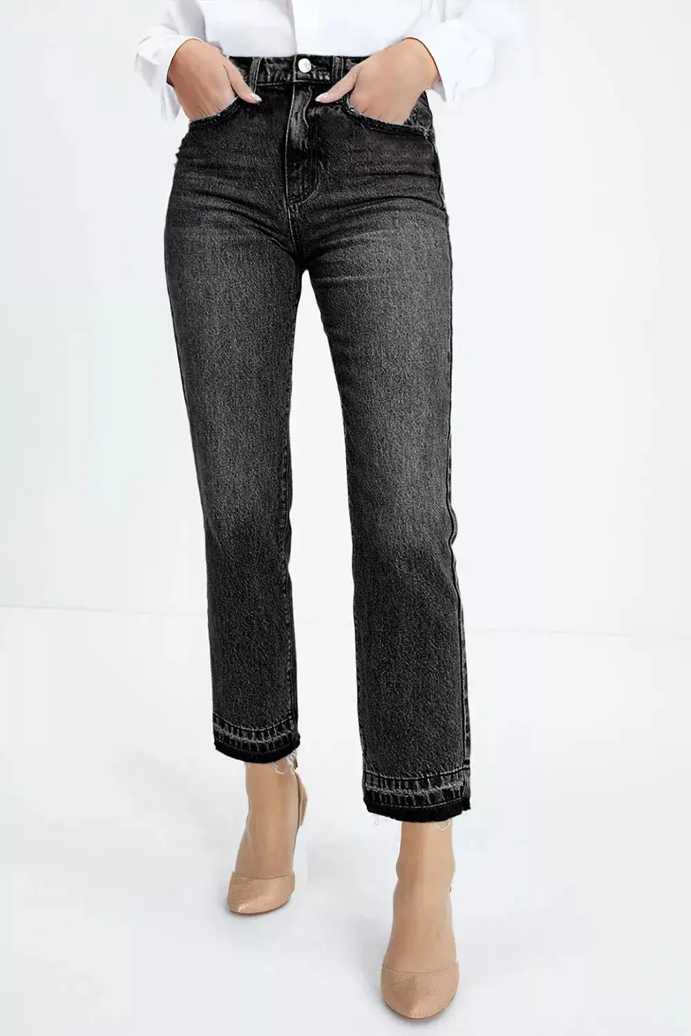 High Waist Straight Leg Distressed Denim Jeans