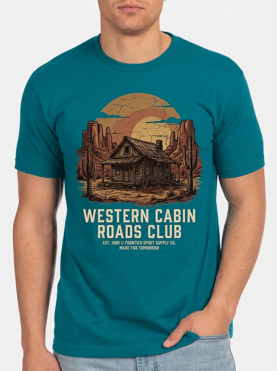 Men's Crewneck Rugged Terrain Western Cabin Desert Landscape Graphic T-Shirt