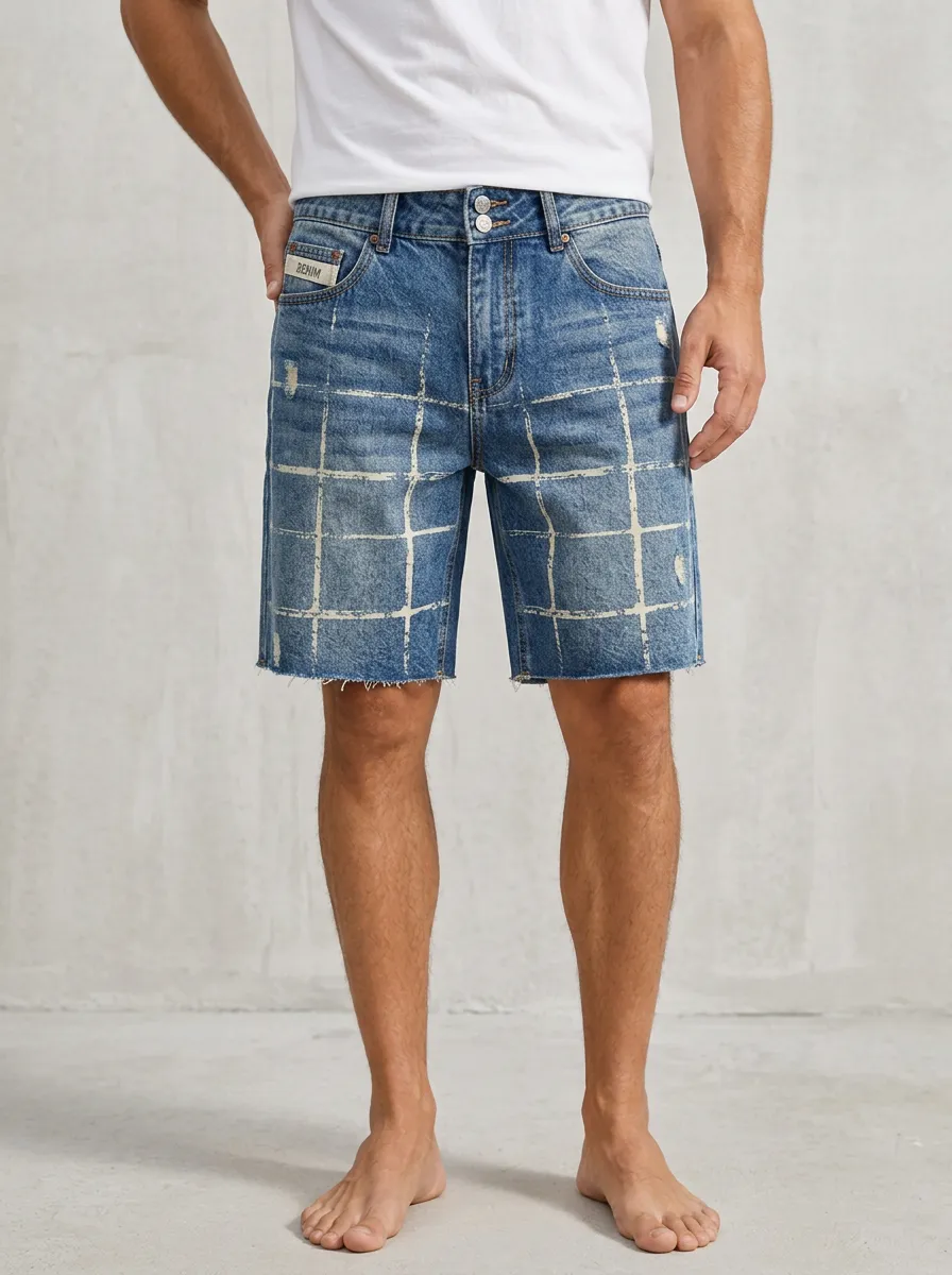 Men's Distressed Plaid Pattern Printed Denim Shorts