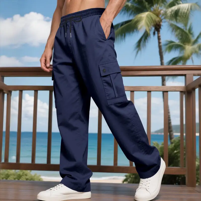 Men's Wide Cargo Pants Waistband Pockets Relaxed Fit