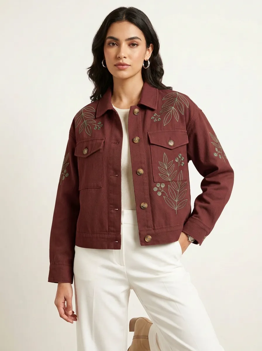 Women's Meadow Botanical Leaf Embroidered Printed Jacket