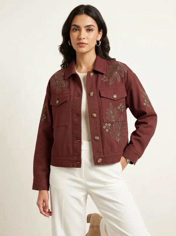 Women's Meadow Botanical Leaf Embroidered Printed Jacket