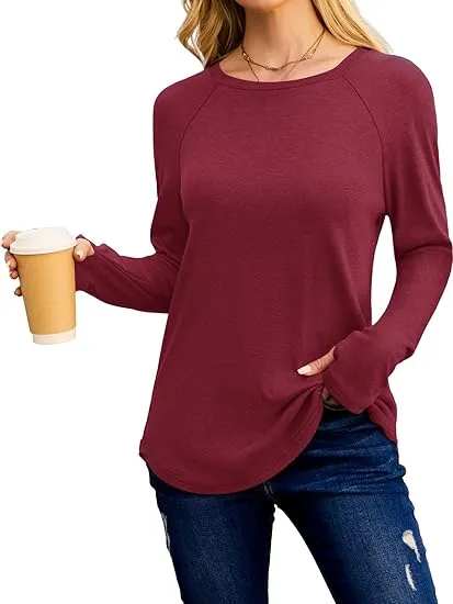 Womens Tunic Tops to Wear with Leggings Long Sleeve Thumb Hole Shirts Crew Neck Curved Hem