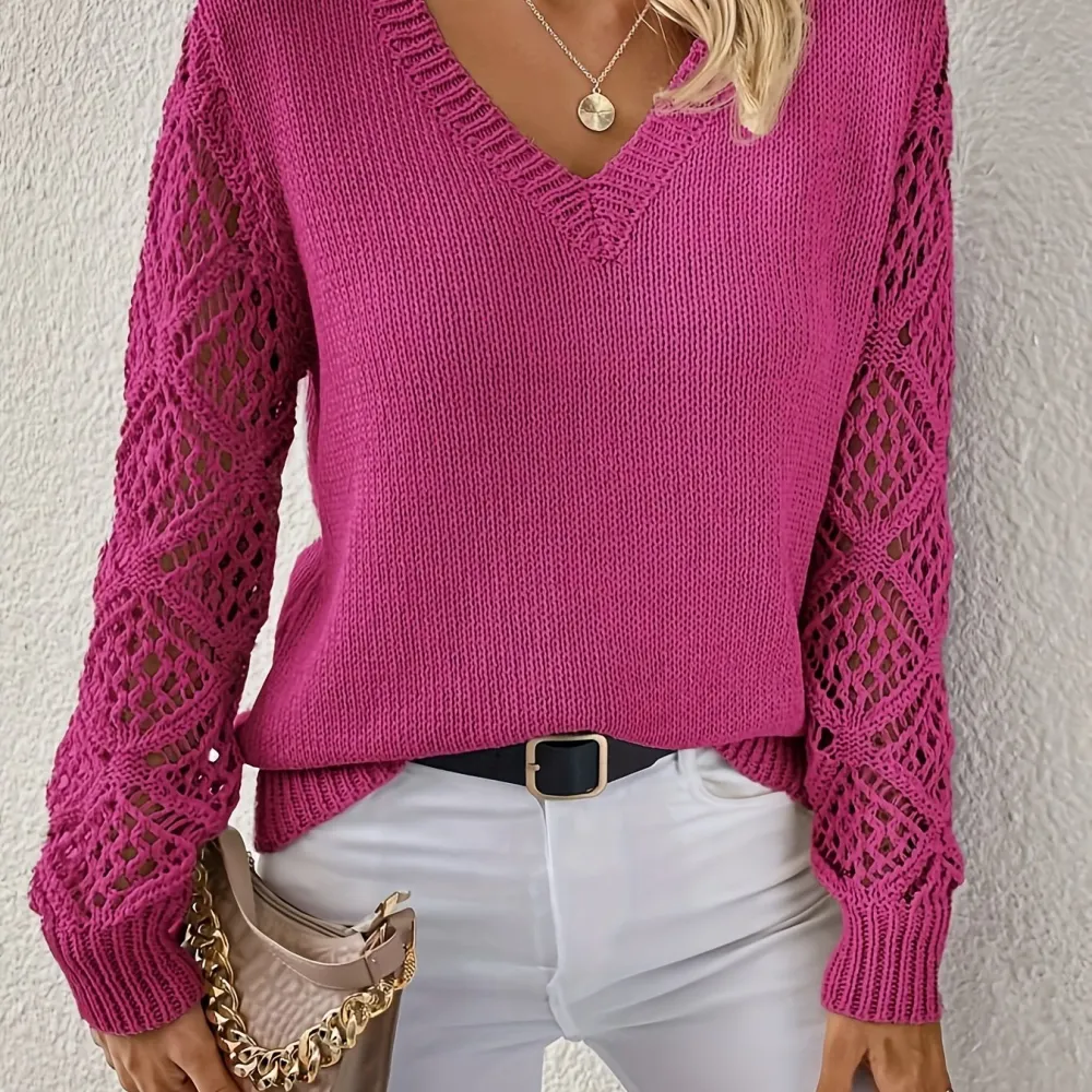 Elegant V Neck Long Sleeve Sweater Hollow