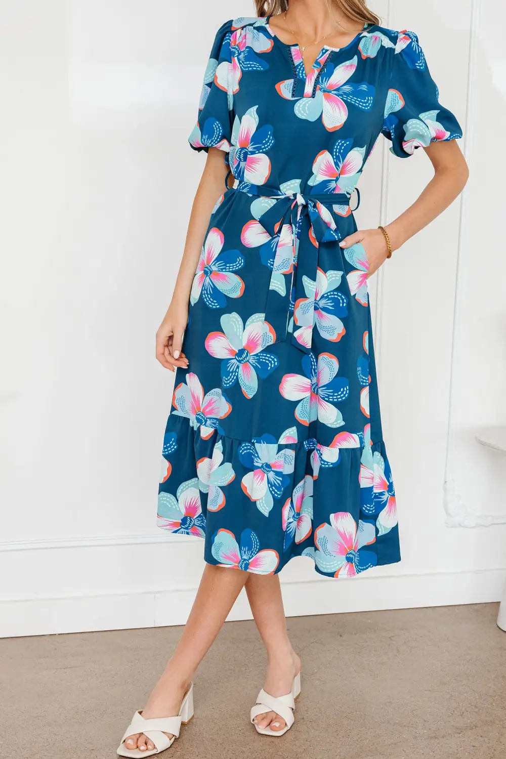 Floral Printed Tie Waist Dress Casual