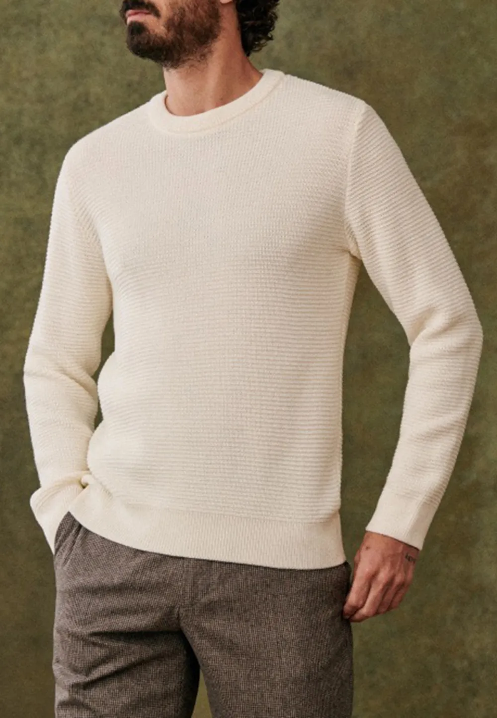 Cream Waffle Knit Crew Neck Long Sleeve Sweater