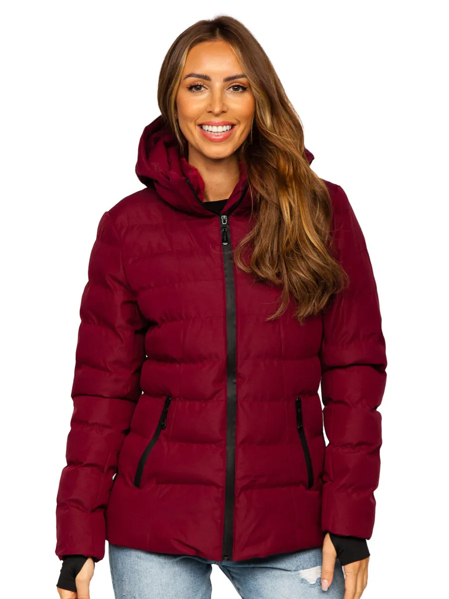 Wine Women's Quilted Winter Jacket With Hood
