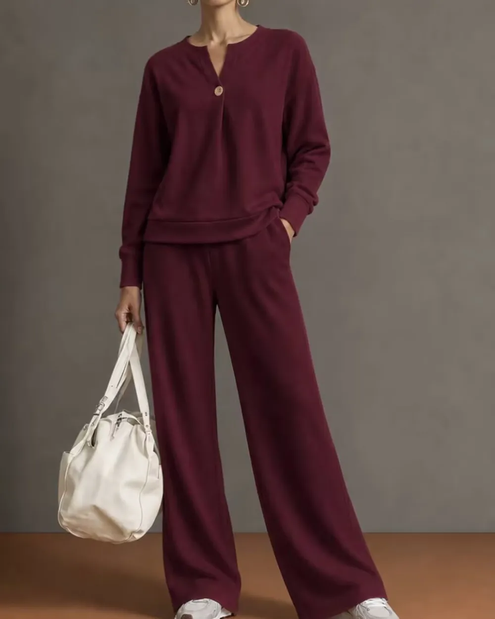 V-Neck One-Button Sweatshirt Set