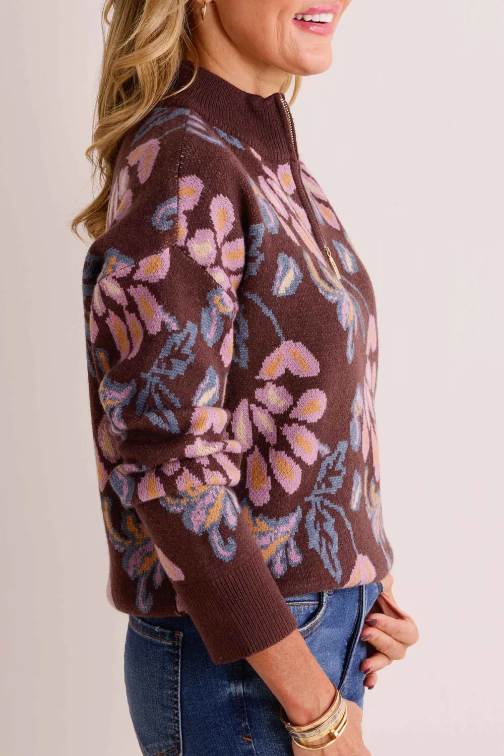 Brown Floral Print Half-Zip Sweater