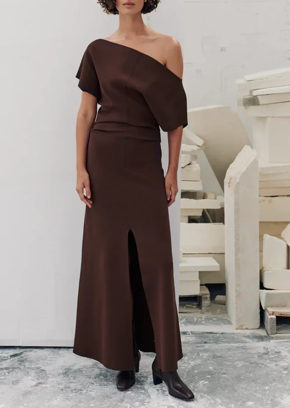 FRONT SLIT ASYM KNIT DRESS