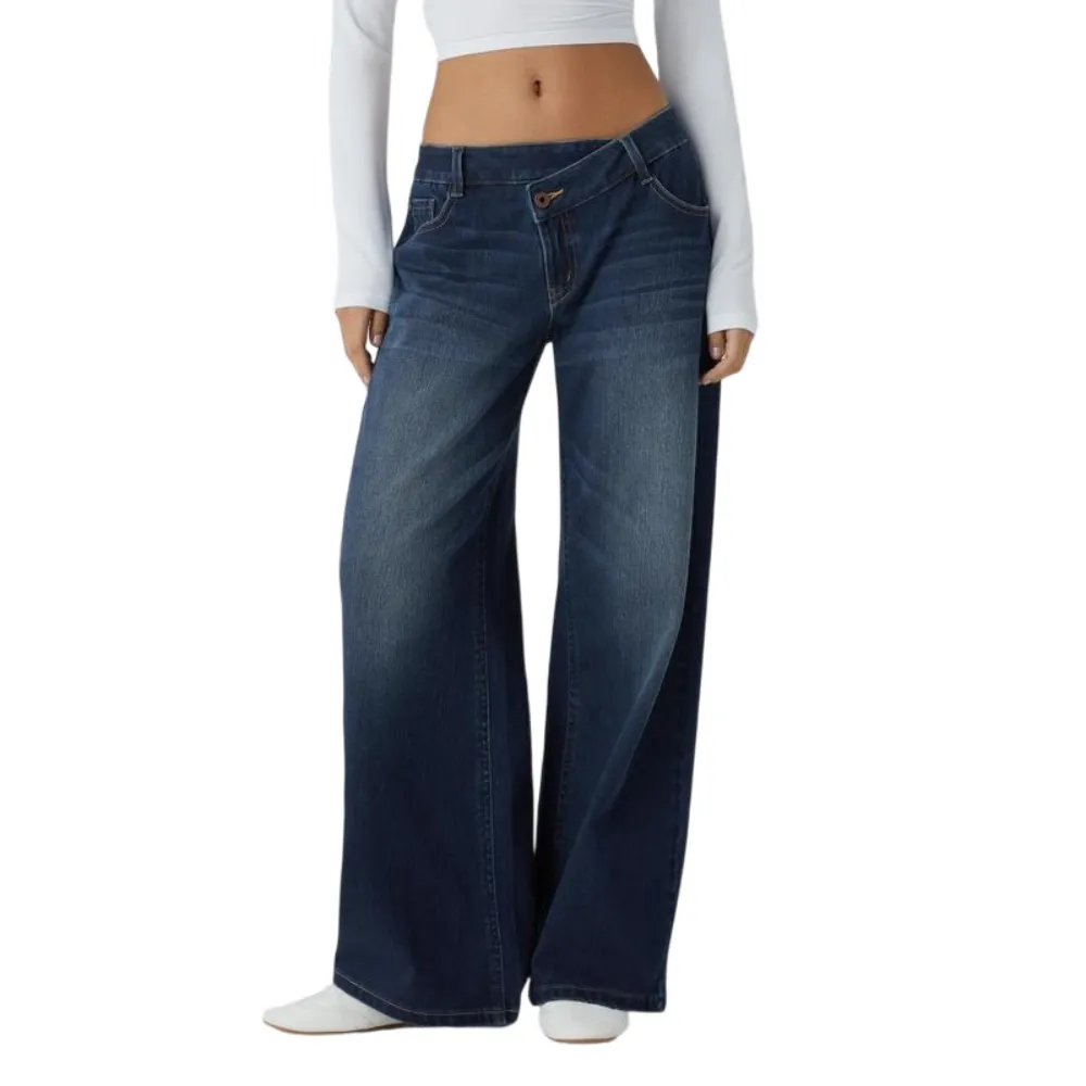 Asymmetric Low Rise Zipper Pockets Baggy Wide Leg Washed Casual Jeans