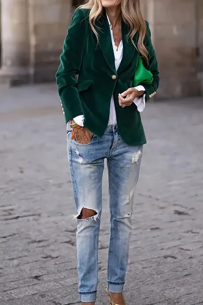 Single-Button Lapel-Collar Long-Sleeve Blazer