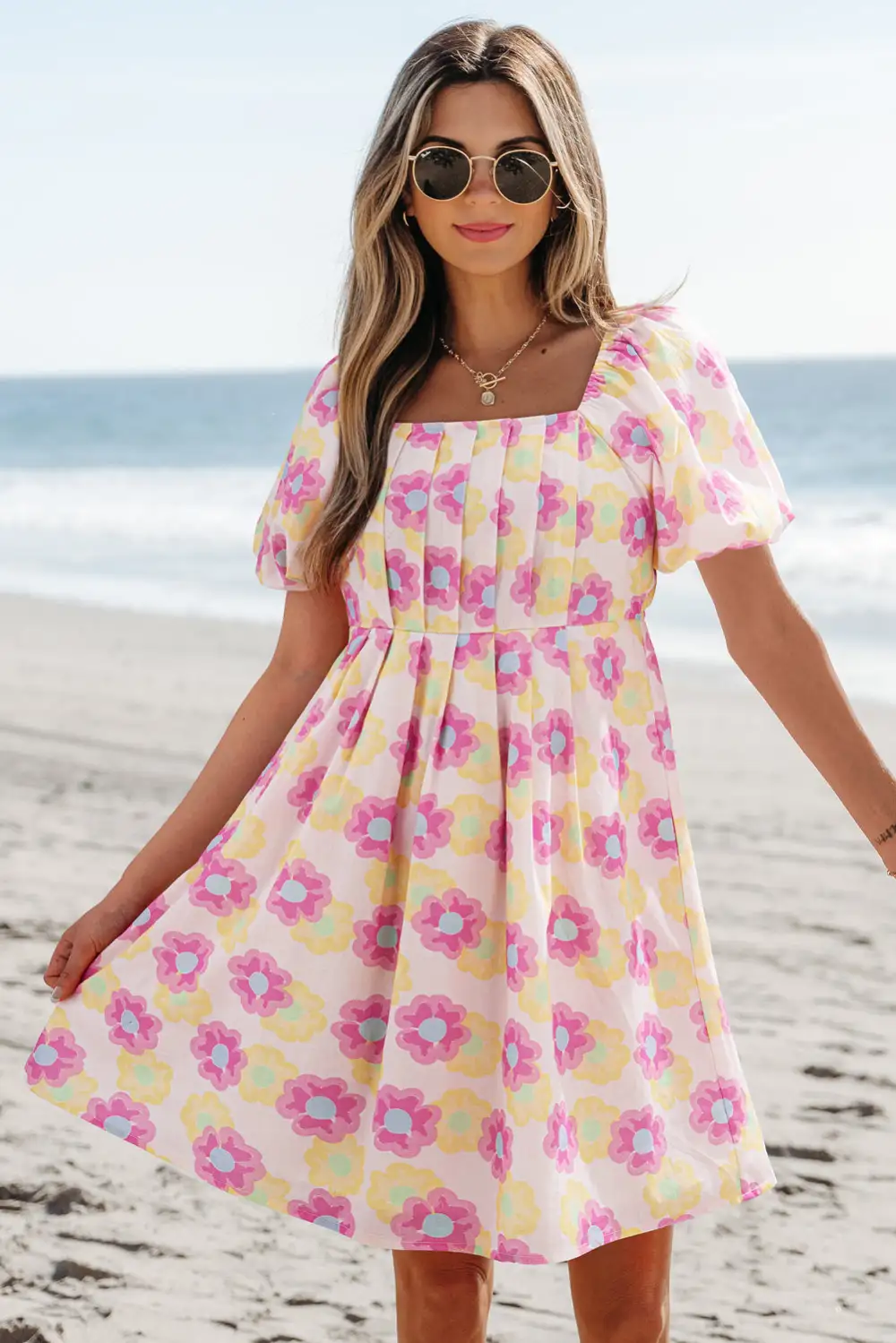 Floral Pleated Puff Sleeve Mini Dress