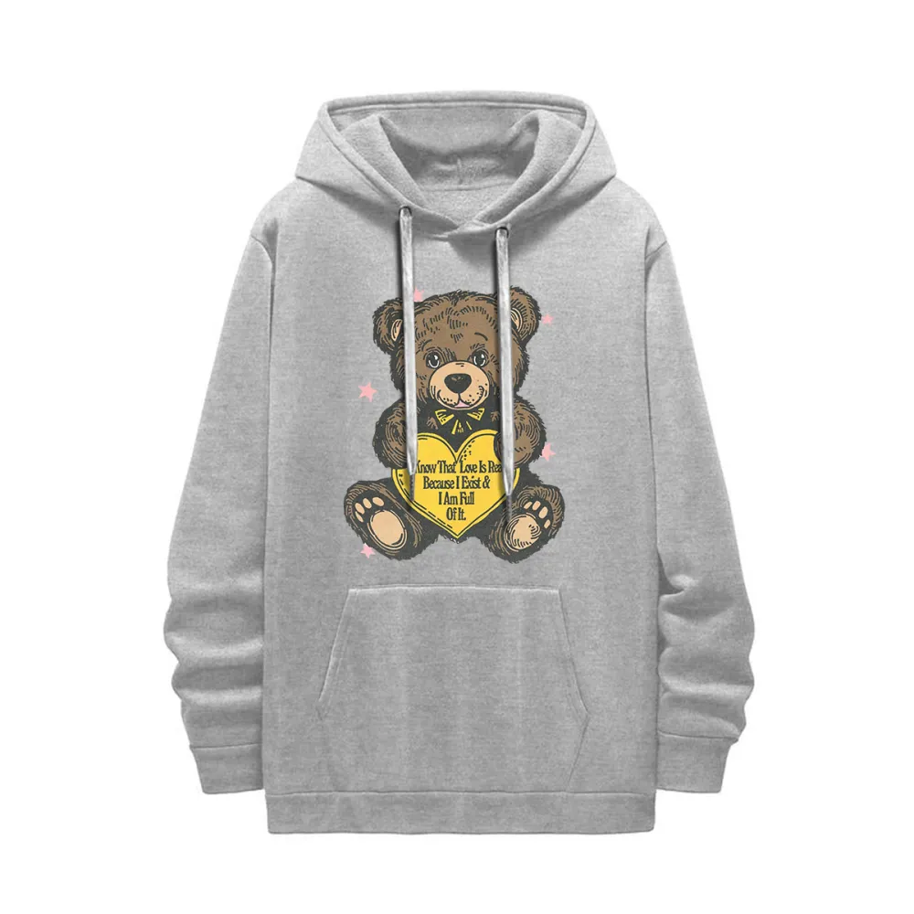 Teddy Bear Graphic Black Hoodie with Heart Element