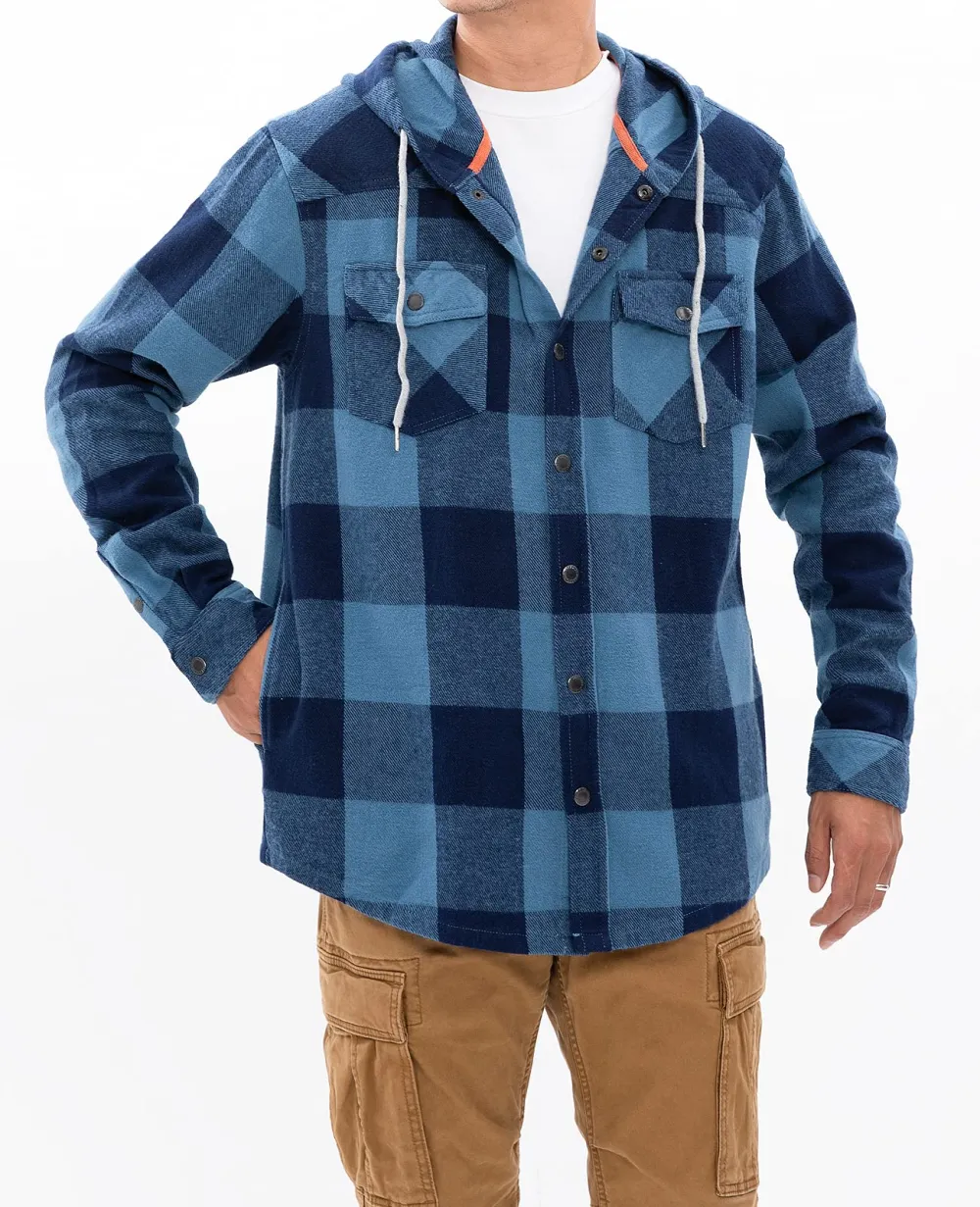 Men's Hooded Plaid Flannel Shirt Jacket with Hand Pockets