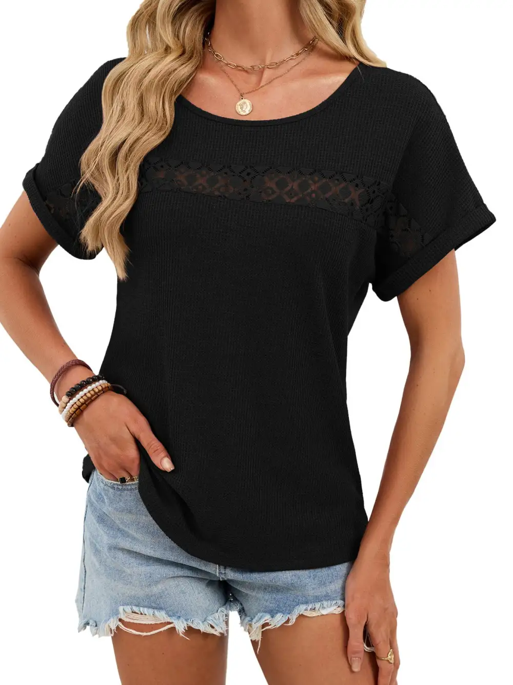 Easygoing Short-Sleeve Lace-Detail T-Shirt