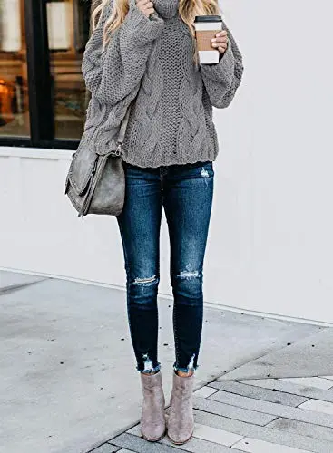 Women's 2025 Turtleneck Balloon Long Sleeve Casual Loose Chunky Cable Knit Pullover Sweater Outerwear