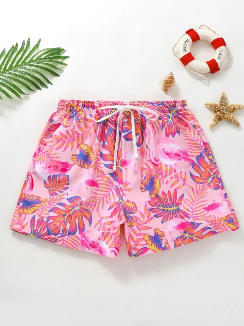 Men's Vibrant Leaf and Flamingo Beach Shorts