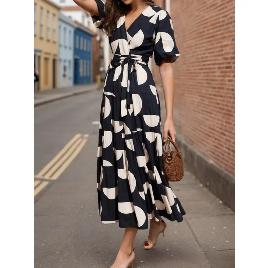 Tied Slit Printed Half Sleeve Midi Dress