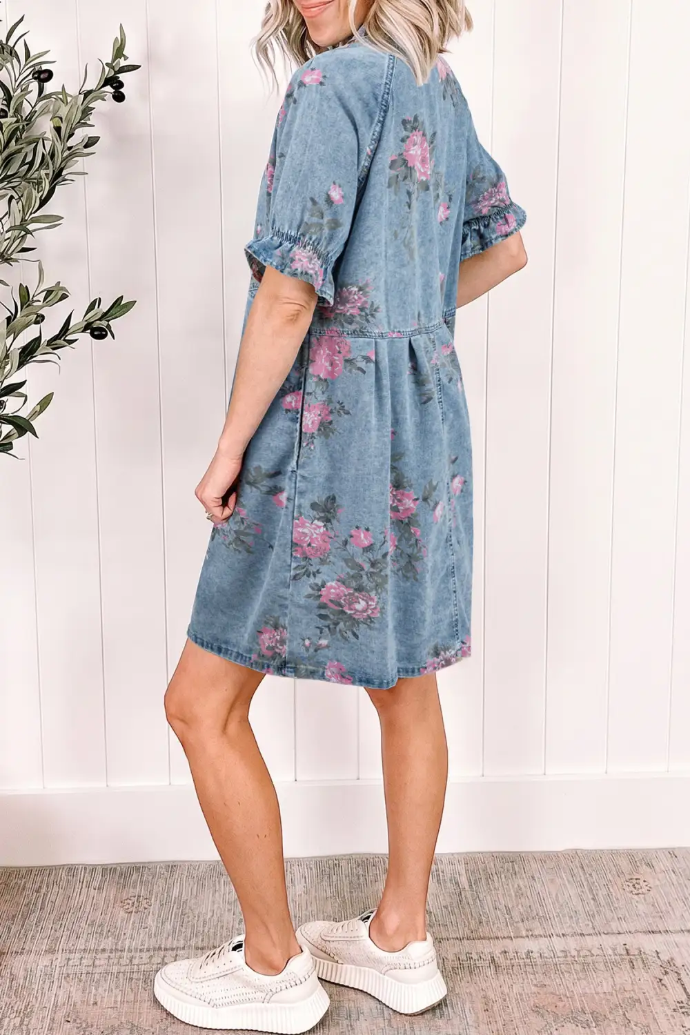 Floral Print Denim Short Sleeve Button-Down Dress
