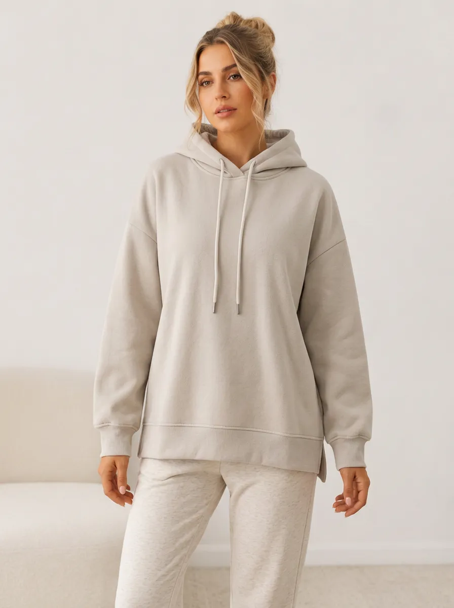 Women's Casual Minimalist Beige Solid Color Pullover Hoodie