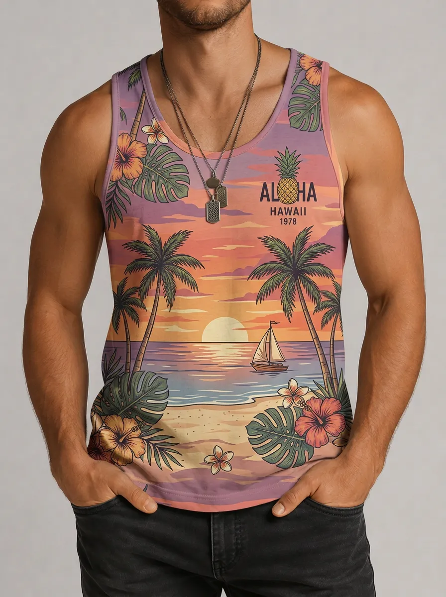 Men's Hawaii Aloha Pineapple Sunset Beach Printed Tank Top