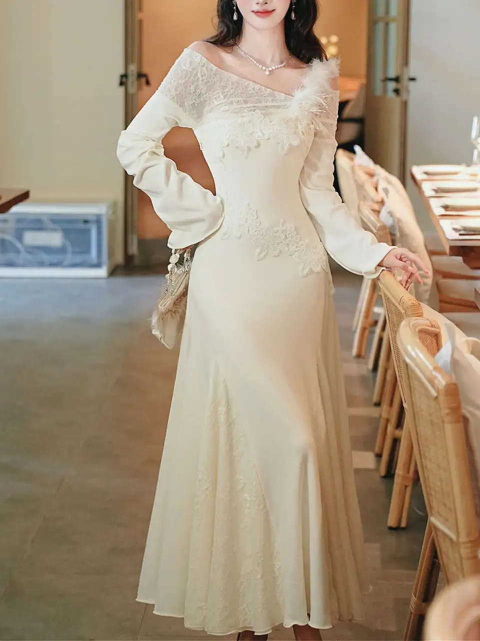 Lace Sequined Ruffle Lace Maxi Dress