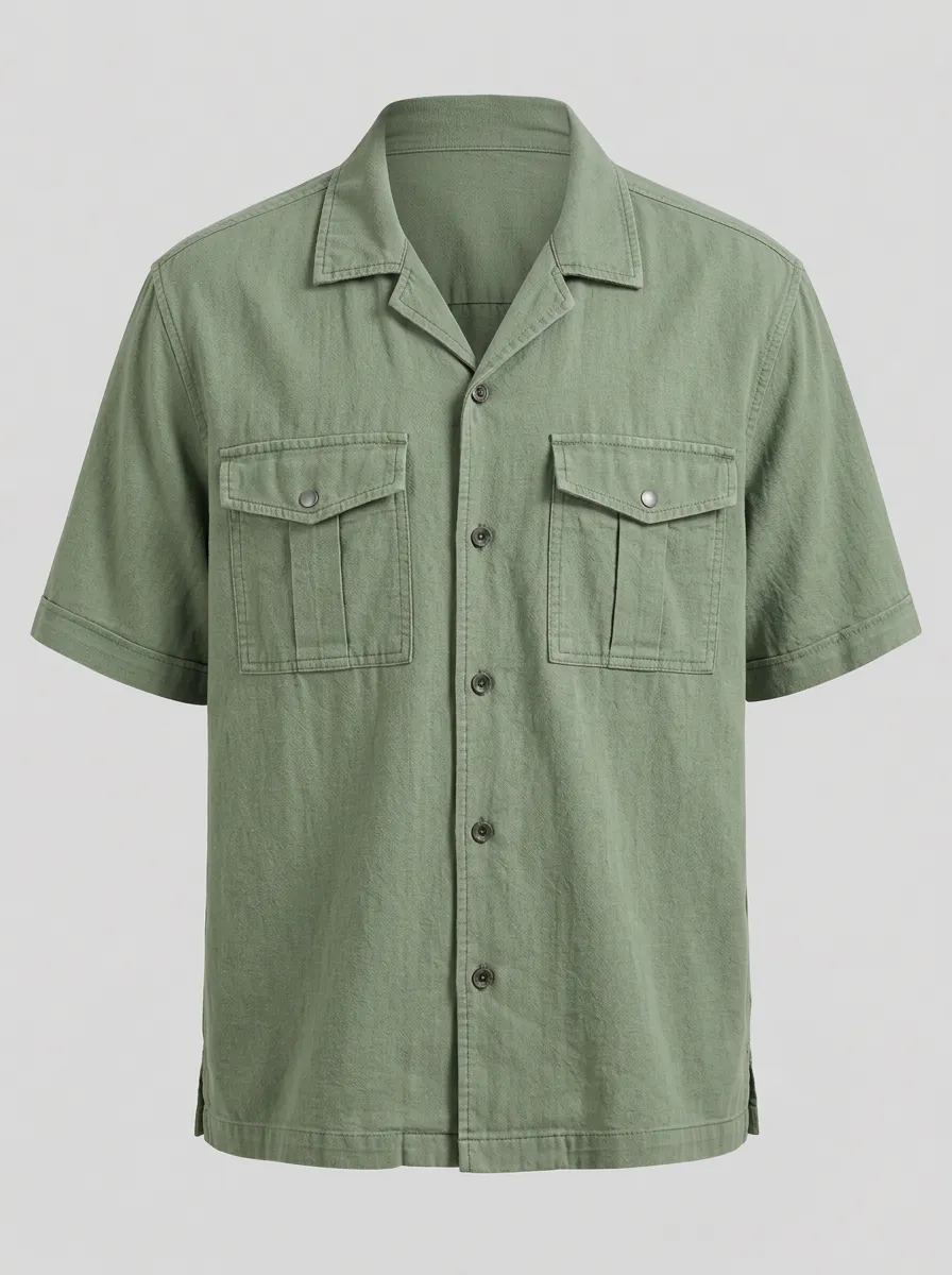 Men's Casual Summer Olive Green Utility Pocket Short Sleeve Shirt
